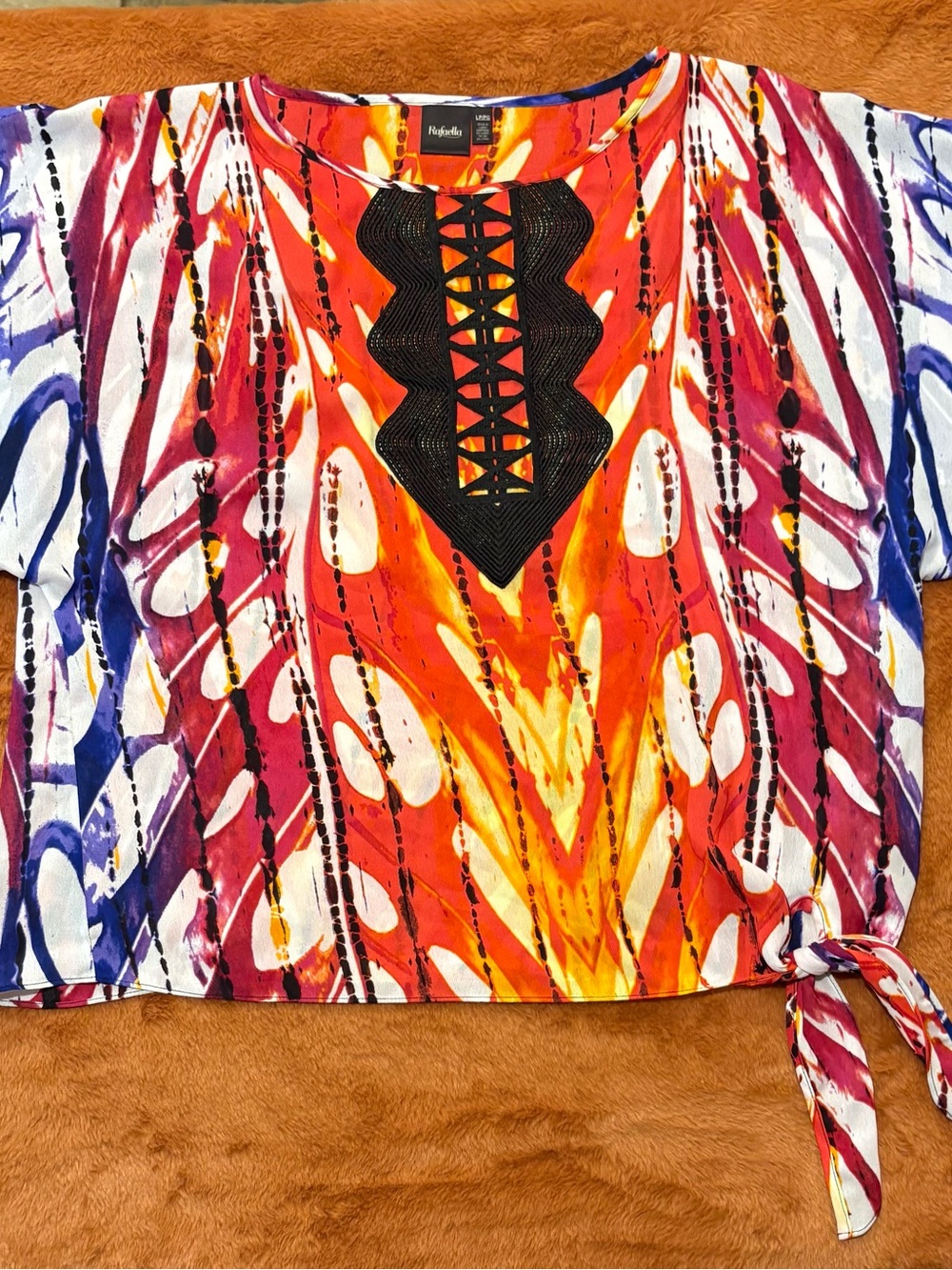 Rafaella Vibrant Orange Multi Printed Short Sleeve Tie-Hem Top